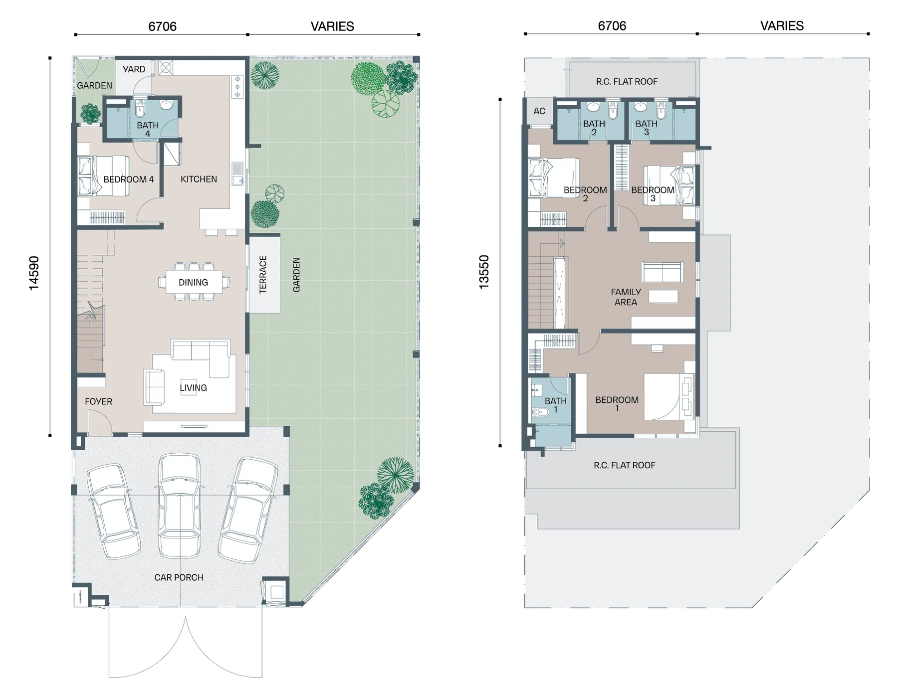 Type B1 corner floor plan, 2,351 sq ft, 4 bedrooms 4 bathrooms