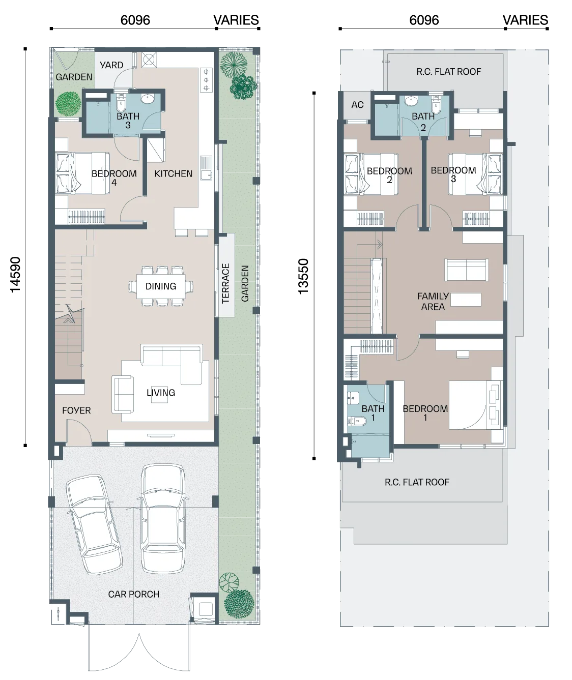 Type B2 end unit floor plan, 2,044 sq ft, 4 bedrooms 3 bathrooms