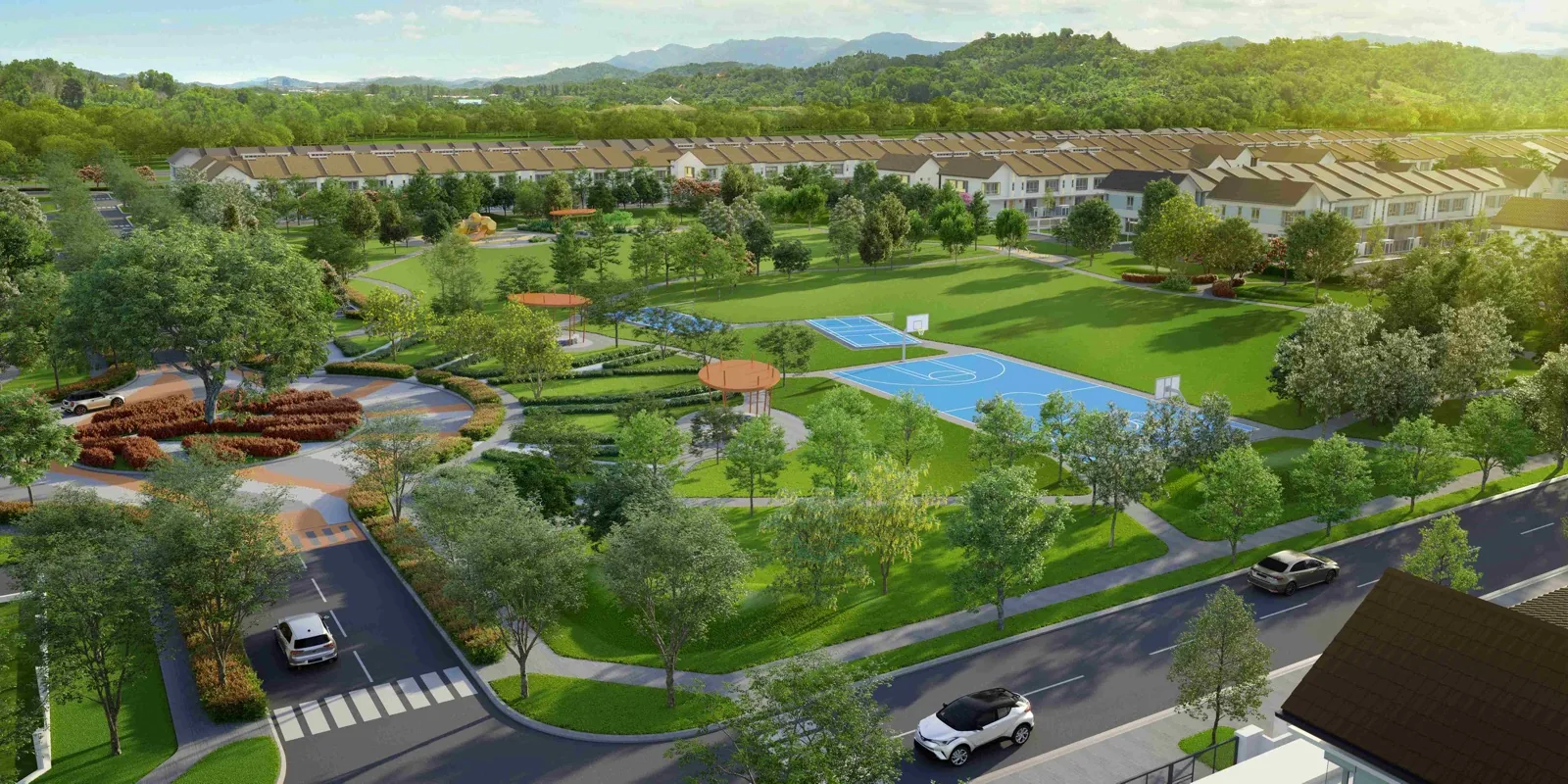 Tree-lined residential street with park and courts at Avisa Residences
