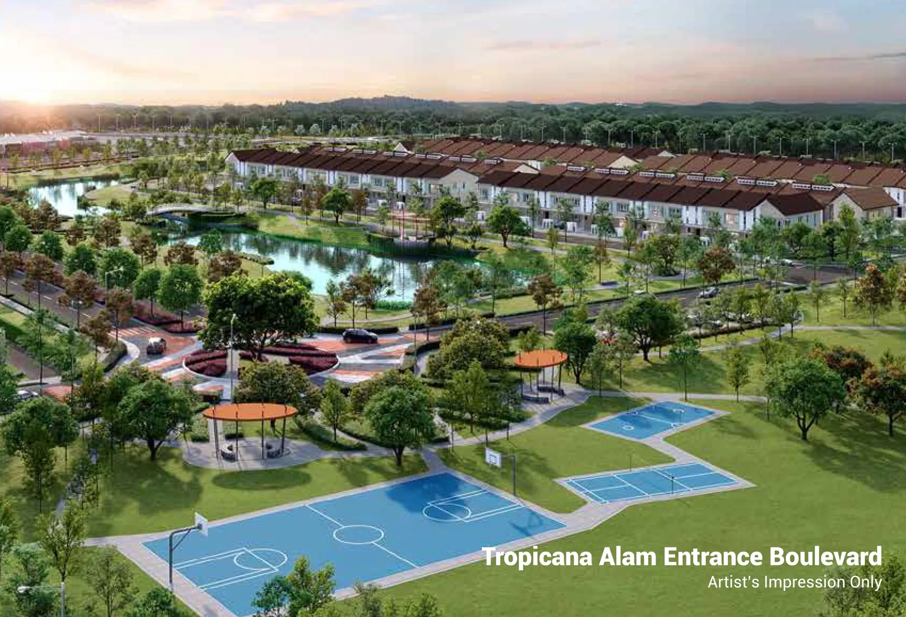 Tropicana Alam entrance boulevard and lake park aerial view at sunset