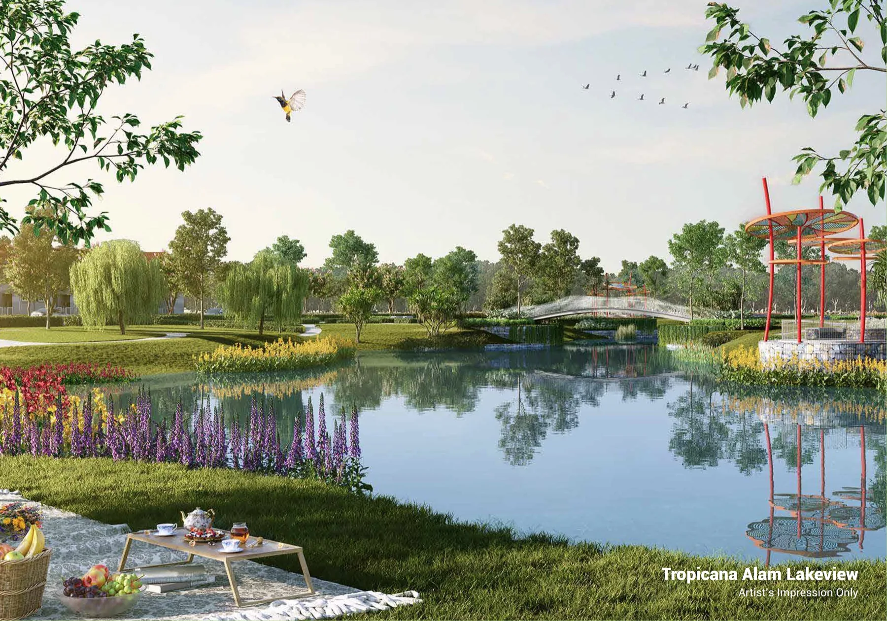 Tropicana Alam lakeview with landscaped gardens and bridge
