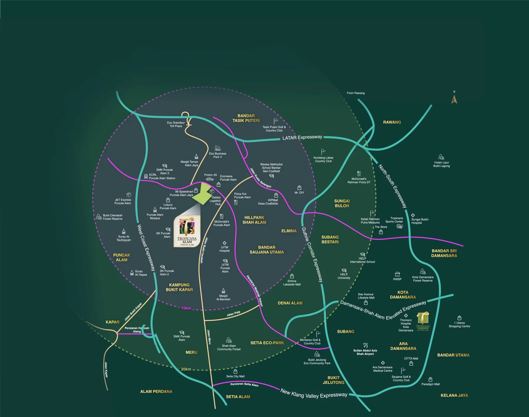 Avisa Residences location map showing Tropicana Alam, Puncak Alam and surrounding highways and townships