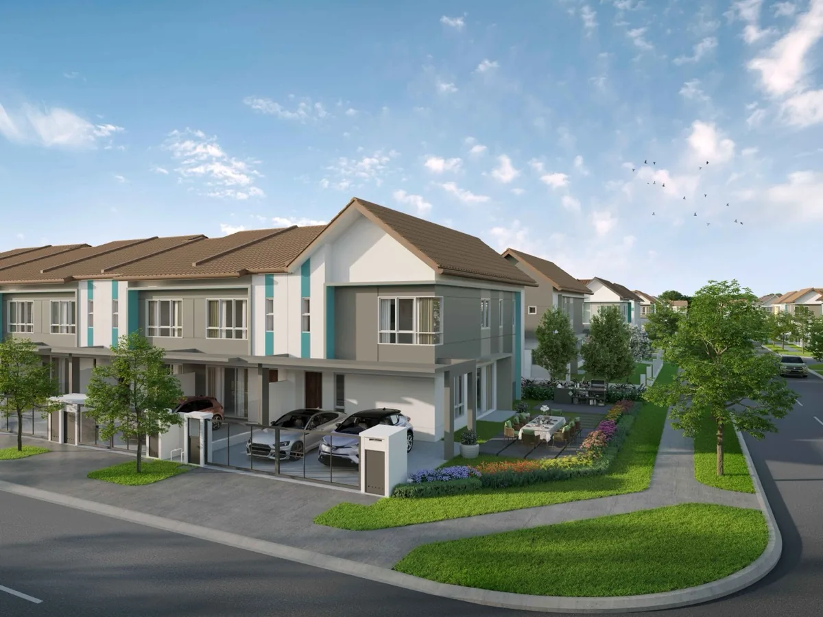 Type A1 corner terrace home exterior perspective with side garden, Avisa Residences Phase 2